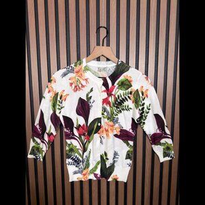 Halogen Sweater XS Womens White Long Sleeve Tank Floral Button Front